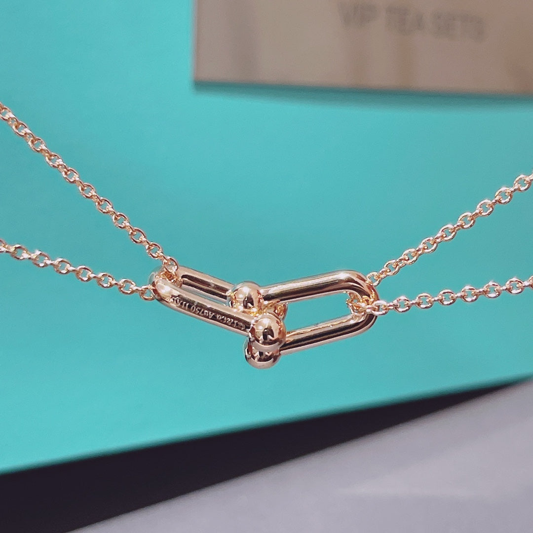 [Lumi Jewelry]HARDWEAR DOUBLE LINK PEDANT PINK GOLD NECKLACE