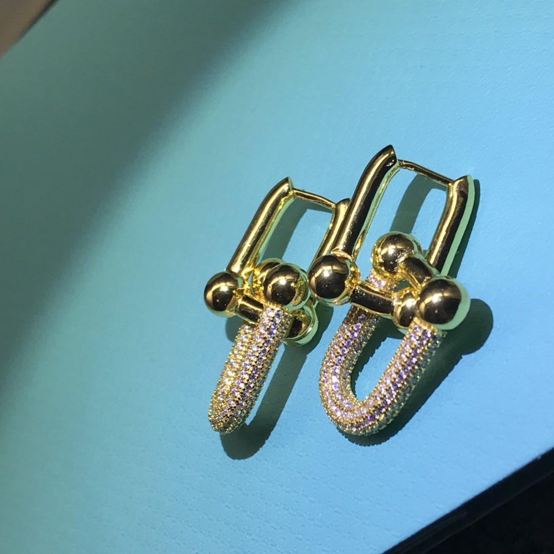 [Lumi Jewelry]HARDWARE DROP EARRINGS DOUBLE LINK DIAMOND