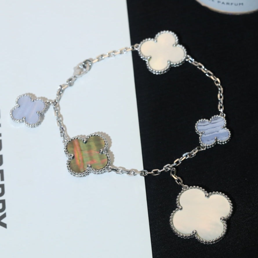 [Lumi Jewels]BRACELET TRÈFLE 5 MOTIFS NACRE CHALCEDOINE ARGENT