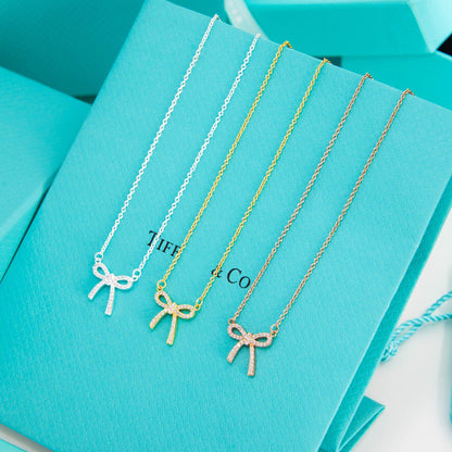 [Lumi Jewelry]RIBBON NECKLACE BOW PENDANT DIAMOND CHARM CHAIN
