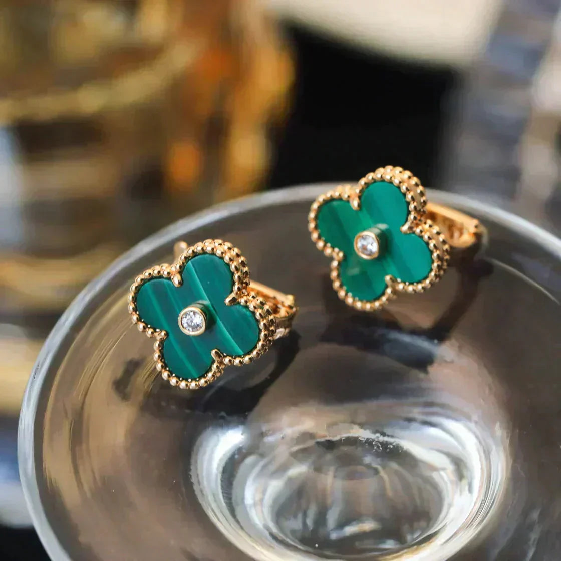 [Lumi Jewels]CLOVER MEDIUM 1 MOTIFS MALACHITE DIAMOND EARRINGS