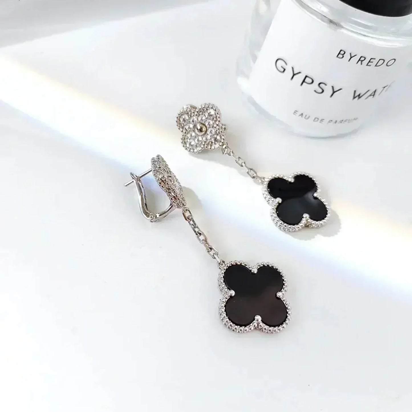 [Lumi Jewels]CLOVER 2 MOTIFS  DIAMOND ONYX EARRINGS SILVER