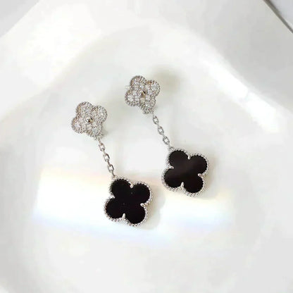 [Lumi Jewels]CLOVER 2 MOTIFS  DIAMOND ONYX EARRINGS SILVER