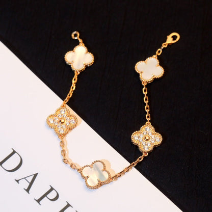 [Lumi Jewels]BRACELET TRÈFLE 5 MOTIFS NACRE BLANCHE DIAMANT