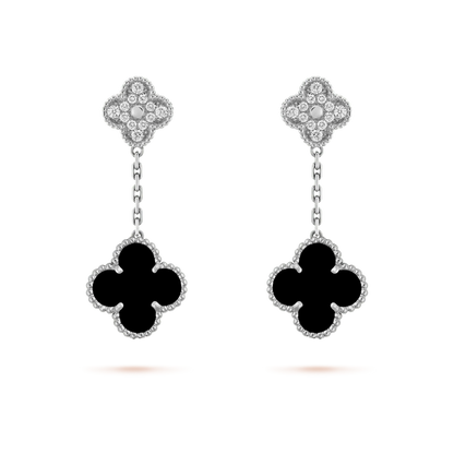 [Lumi Jewels]CLOVER 2 MOTIFS  DIAMOND ONYX EARRINGS SILVER