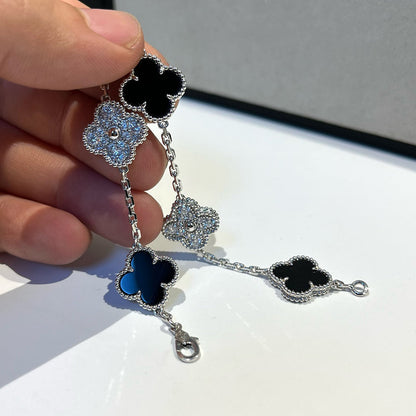[Lumi Jewels]CLOVER 5 MOTIF ONYXS DIAMOND BRACELET SILVER