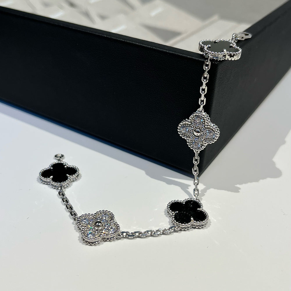 [Lumi Jewels]CLOVER 5 MOTIF ONYXS DIAMOND BRACELET SILVER