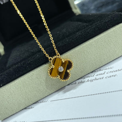 [Lumi Jewels]CLOVER Collier 15MM DIAMANT ET ŒIL-DE-TIGRE JAUNE AGATE