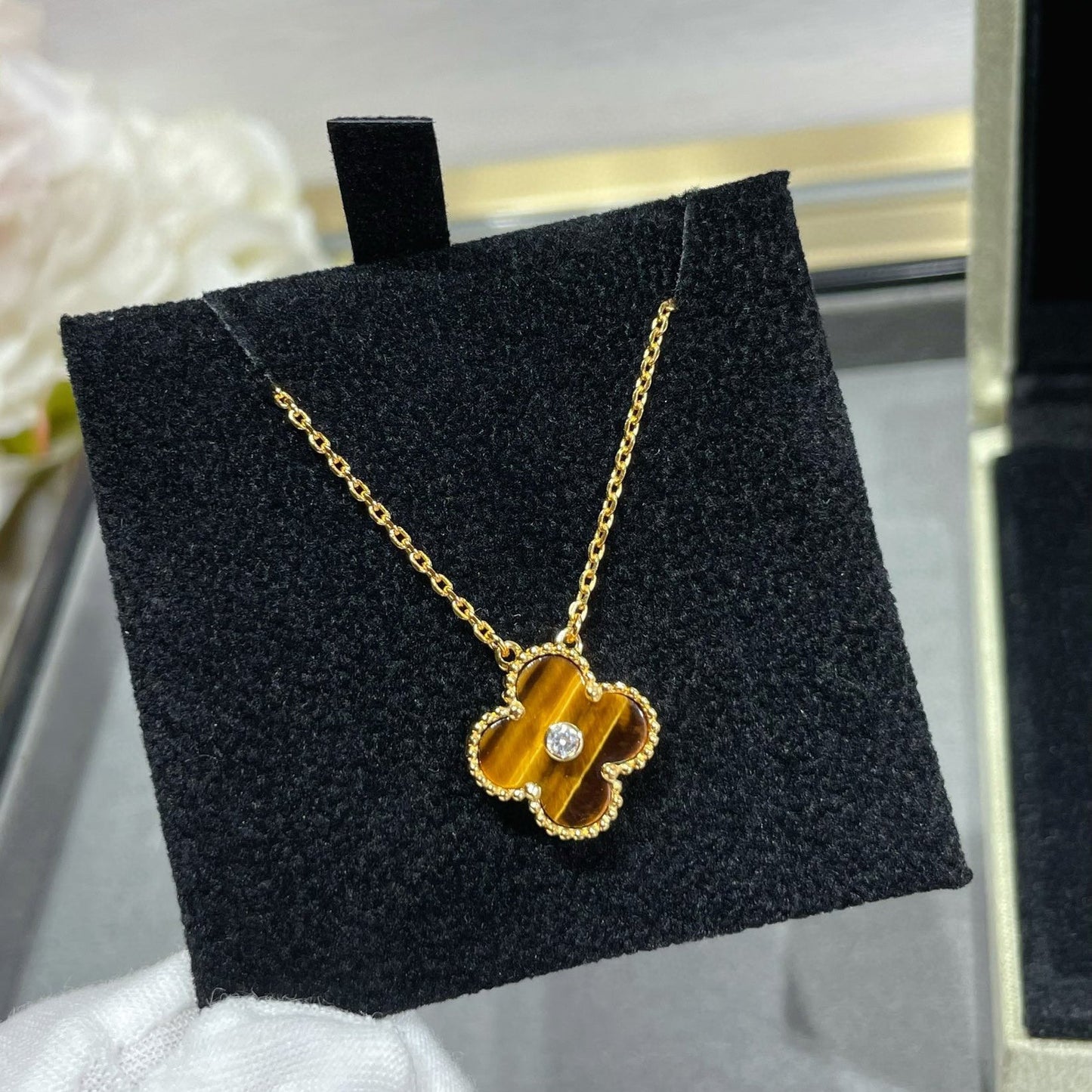 [Lumi Jewels]CLOVER Collier 15MM DIAMANT ET ŒIL-DE-TIGRE JAUNE AGATE