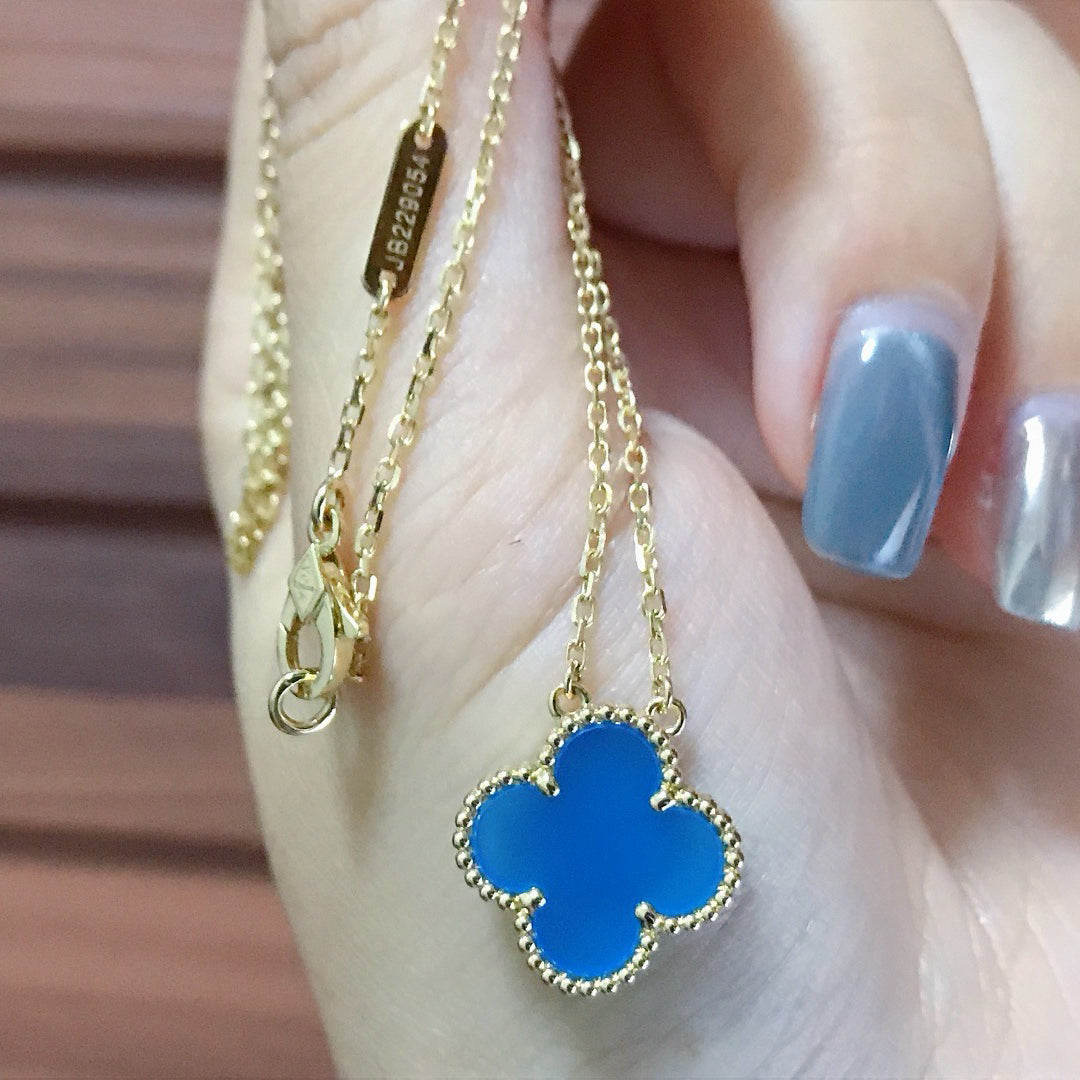 [Lumi Jewels]COLLIER TRÈFLE 15 MM AGATE BLEUE
