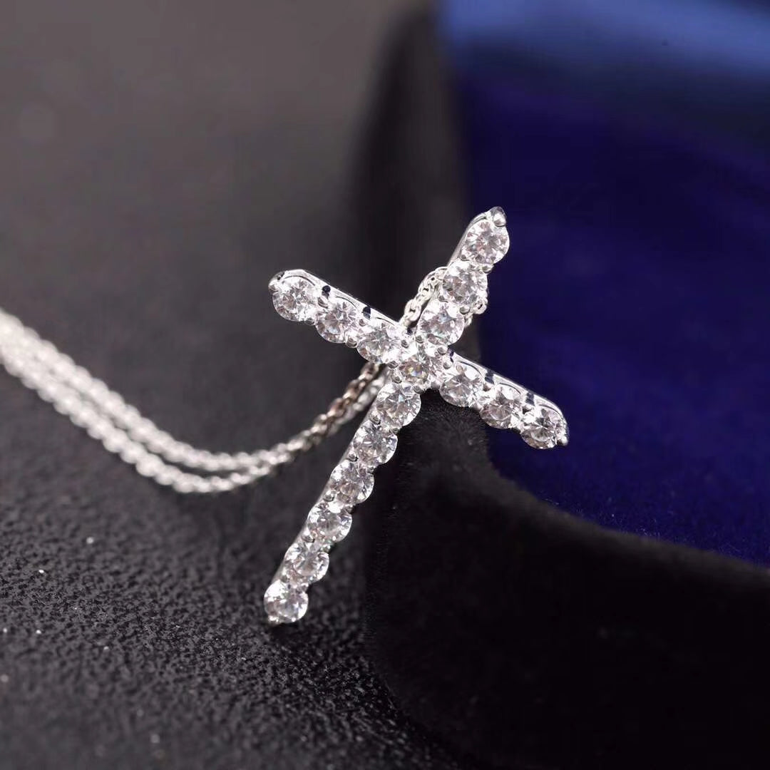 [Lumi Jewelry]MOISSANITE STONE CROSS PENDANT NECKLACE SIMULATED DIAMOND CROSS CHOKER
