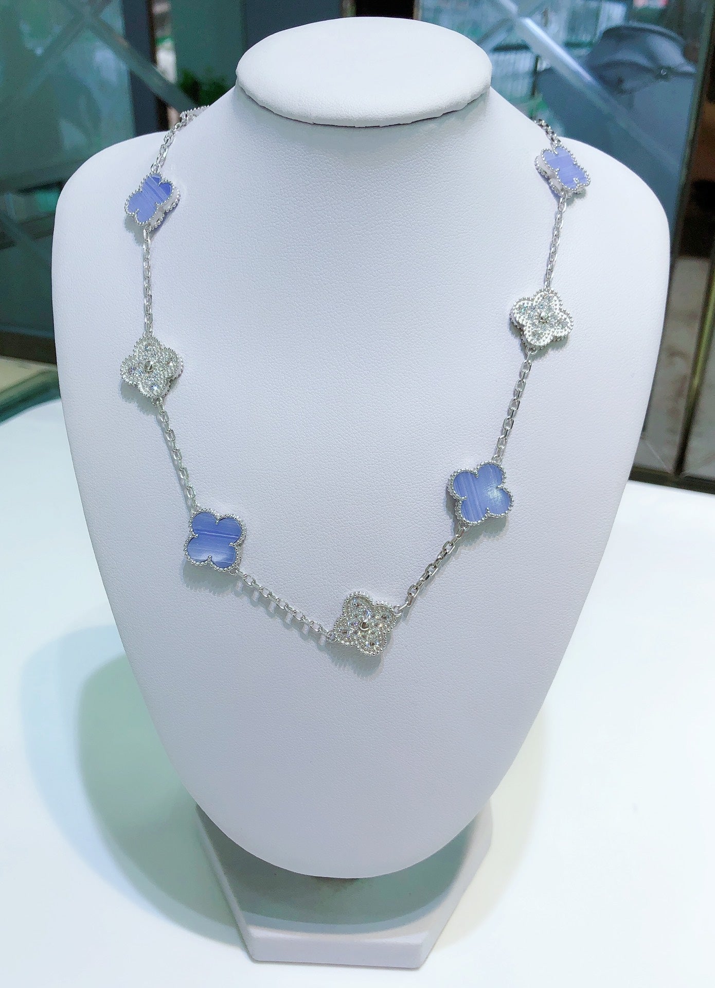 [Lumi Jewels]CLOVERS THE 10-MOTIFS CHALCEDONY DIAMONDS SILVER NECKLACE