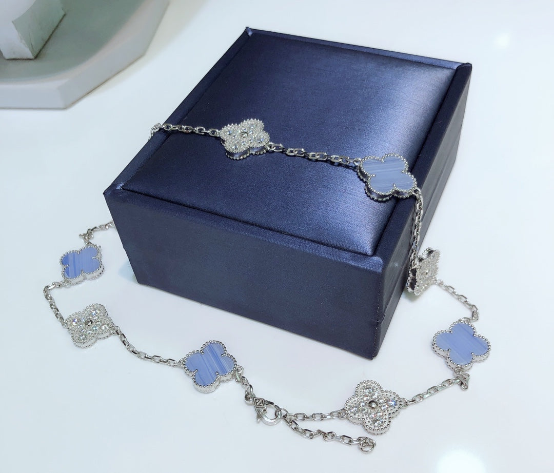 [Lumi Jewels]CLOVERS THE 10-MOTIFS CHALCEDONY DIAMONDS SILVER NECKLACE