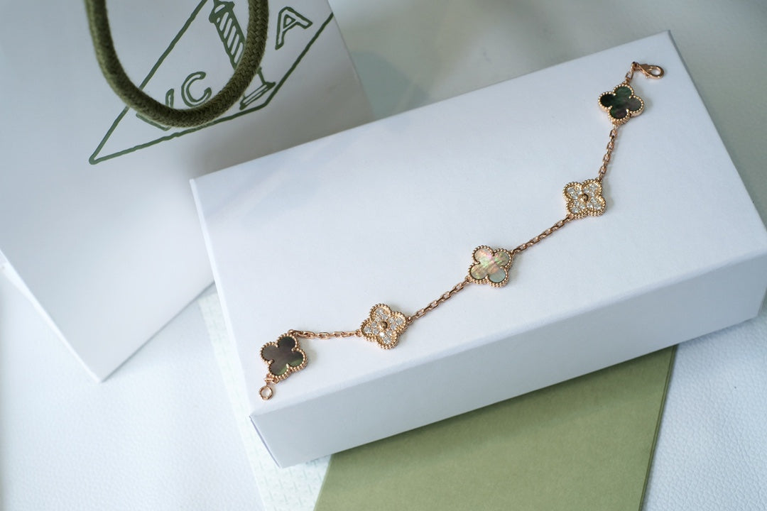 [Lumi Jewels]BRACELET CLOVER 5 MOTIFS Nacre Noire et Diamants Or Rose