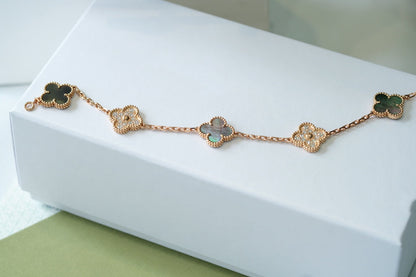 [Lumi Jewels]BRACELET CLOVER 5 MOTIFS Nacre Noire et Diamants Or Rose