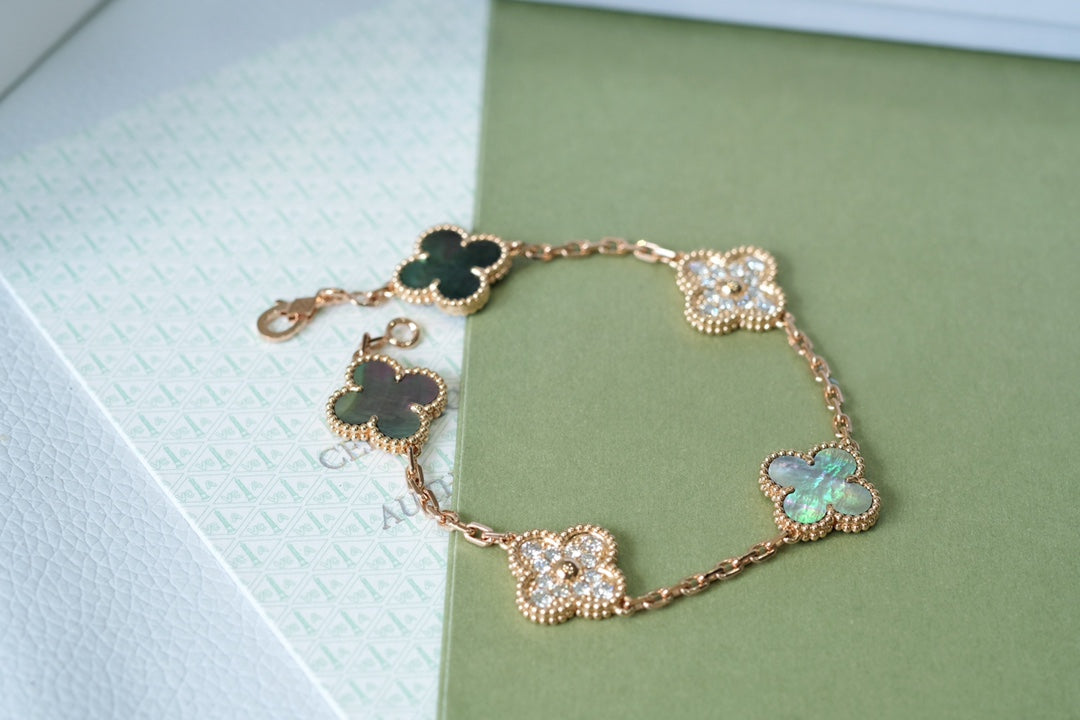 [Lumi Jewels]BRACELET CLOVER 5 MOTIFS Nacre Noire et Diamants Or Rose