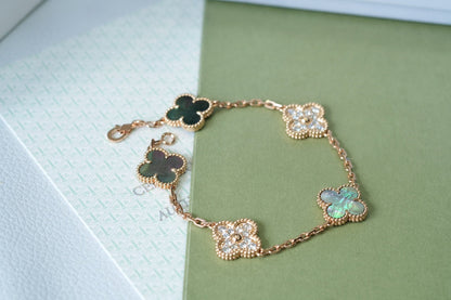 [Lumi Jewels]BRACELET CLOVER 5 MOTIFS Nacre Noire et Diamants Or Rose