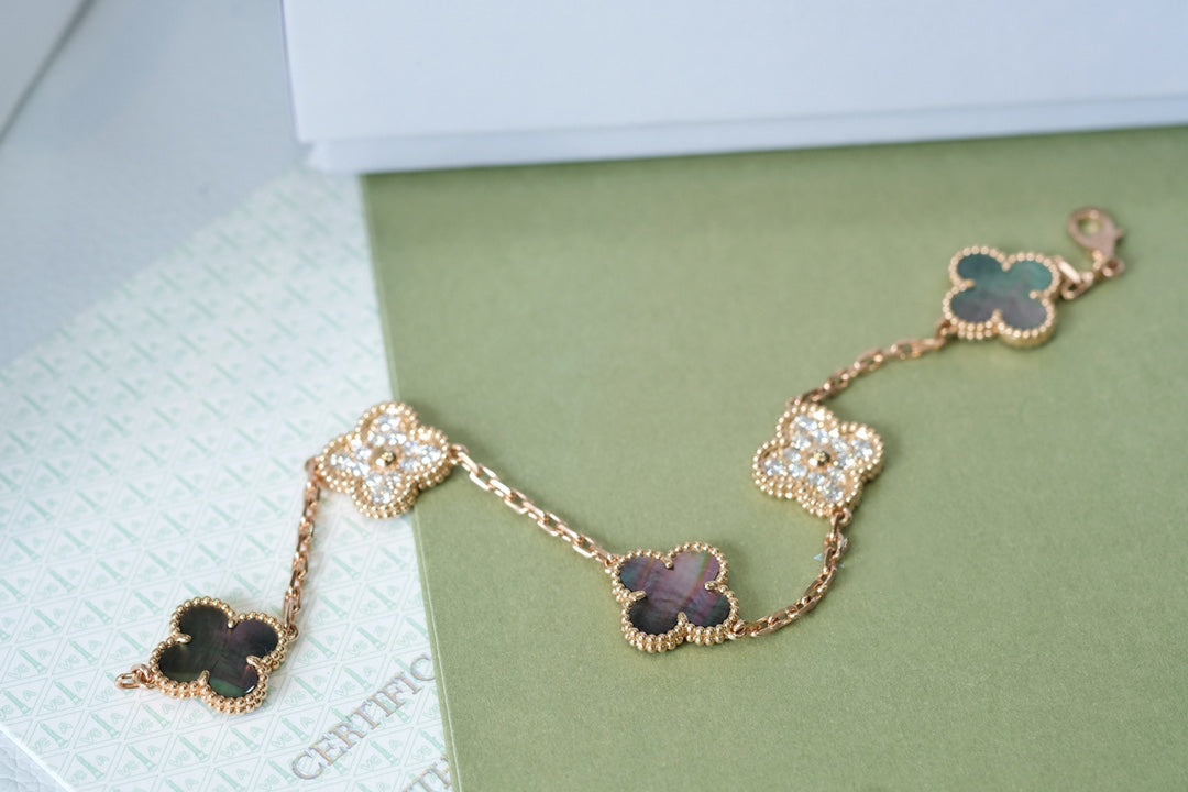 [Lumi Jewels]BRACELET CLOVER 5 MOTIFS Nacre Noire et Diamants Or Rose