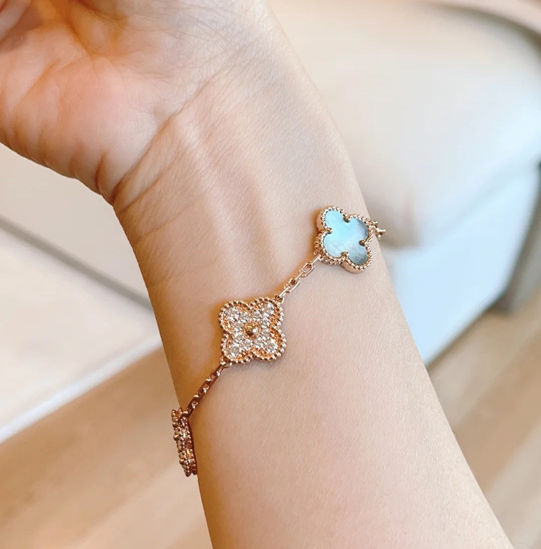 [Lumi Jewels]BRACELET CLOVER 5 MOTIFS Nacre Noire et Diamants Or Rose